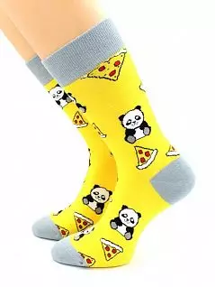 Мужские носки с веселым принтом "Панда с пиццей" желтого цвета Hobby Line RTнус80152-02-11-02
